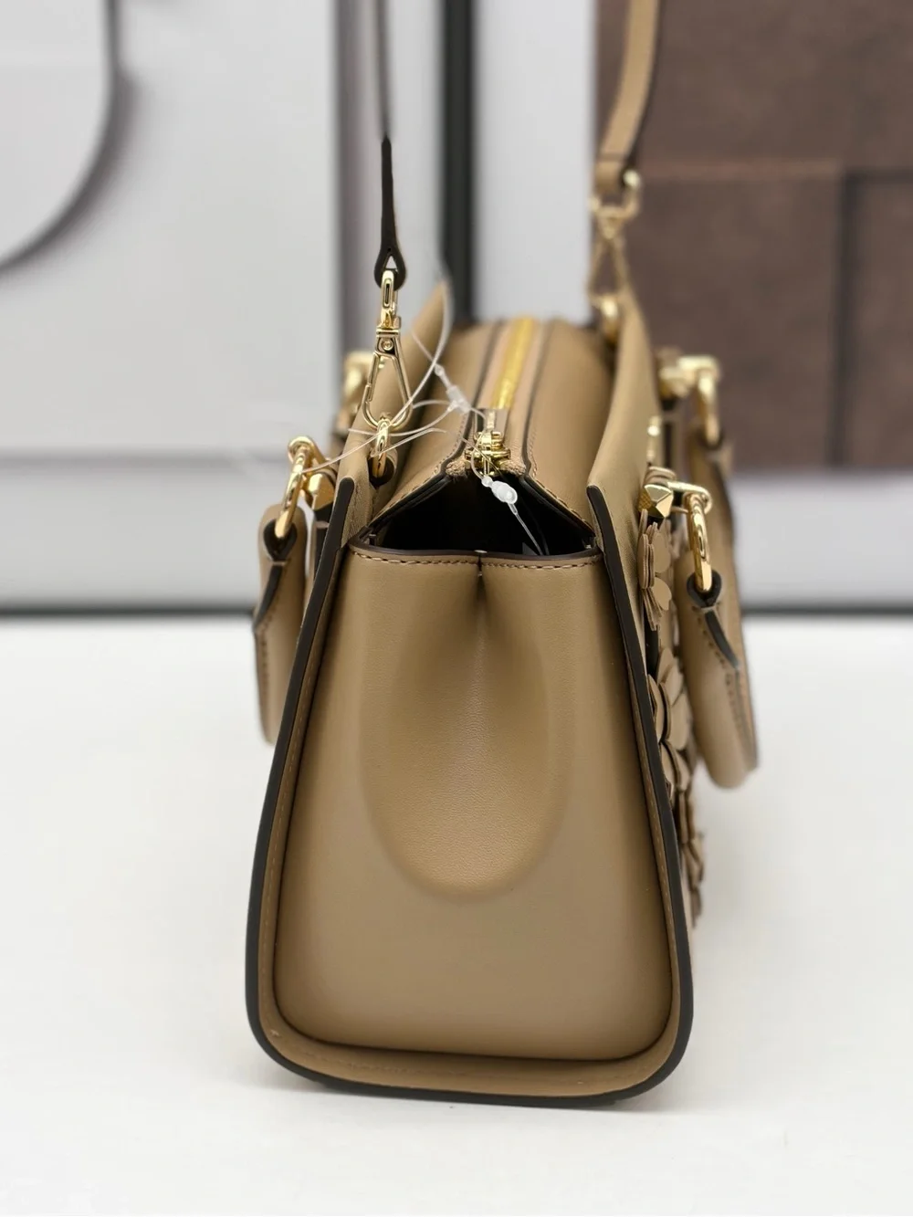 MICHAEL KORS Marilyn Small Floral Embellished Satchel Crossbody Bag Camel NWT